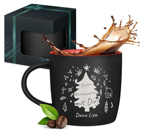 Maverton Keramik Kaffeetasse 400ml mit Gravur - personalisierter Kaffeebecher aus Matt Keramik mit Henkel - Trinkbecher für Männer zum Geburtstag zu Weihnachten - matt schwarz - Innen rot - Baum