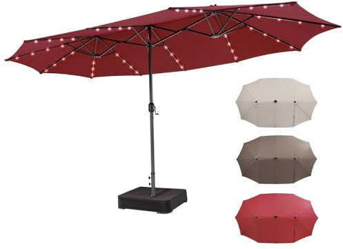 RELAX4LIFE Ombrellone Doppio da Giardino con Base 450 x 260 cm, Ombrellone Parasole con Luci LED e Manovella, Tetti Ventilati, Ombrellone da Esterno per Patio, Cortile, Ristorante (Bordeaux-Luci+Base)