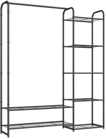 SONGMICS Kleiderständer, offener Kleiderschrank, Kleiderstange, Garderobenständer mit Ablagen, Garderobe aus Metall, freistehend, 29 x 112 x 158,4 cm, mattschwarz LGR462B01