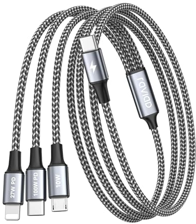 RAVIAD 100W USB C Multi Charger Cable [2M] 3 in 1 Fast Charging Cable with E-Mark Chip, USB C PD [100W]+Lightning[27W]+Micro[10W] for Galaxy S24/S23, iPhone 15/14/13, MacBook Pro/Air, Pad Pro/Air