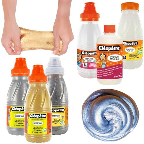 CLEOPATRE – Kit de Slime – pour Fabriquer du Slime avec Colle Transparente, Colle Blanche, Produit Magique Activateur, Peintures Métallisées et Paillettes Multicolores – Lot 6 Produits