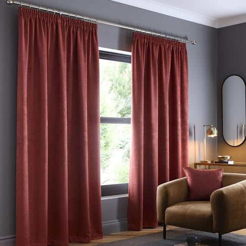 Fusion - Terracotta Curtains W46 x L54 (117 x 137cm) - 100% Cotton - 2x Panels - Pencil Pleat in Red - Thermal & Soundproof for Bedroom - Blood Orange Pleated Drapes