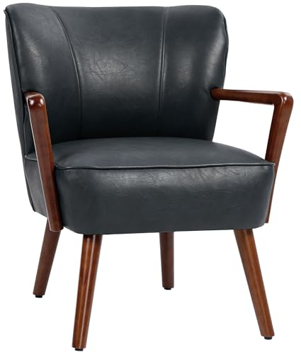 HOMCOM Polsterstuhl, gepolsterter Akzentstuhl mit Armlehnen, Holzbeine, Loungesessel Armlehnstuhl für Wohnzimmer, Schlafzimmer, Kunstleder, Schwarz, 67 x 77 x 80 cm