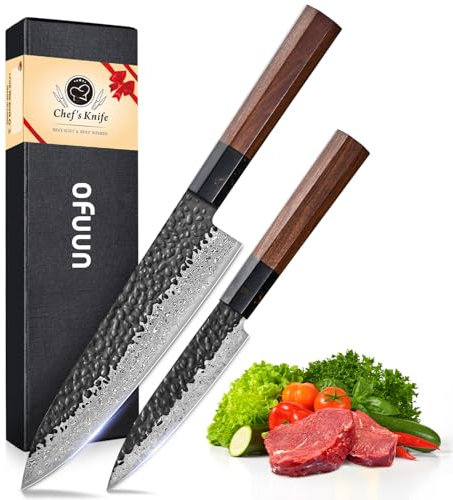 oFuun Ensemble de couteaux de cuisine 2PCS, Set de couteaux de chef, Couteaux Cuisine en Acier à Haute Teneur en Carbone VG10-20CM Couteau de Chef, 12,6CM Couteau Universel