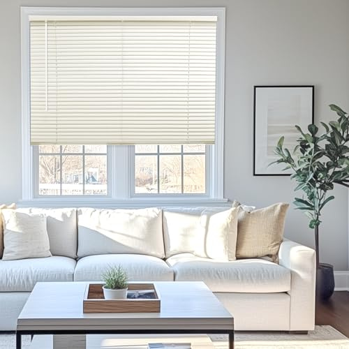 CHICOLOGY Cordless Mini Blinds, 1 Inch Vinyl Window Blinds, Room Darkening & Privacy, Easy Install with Adhesive Brackets, Child Safe, for Windows, Doors & Campers, Alabaster,26 W x 72 H