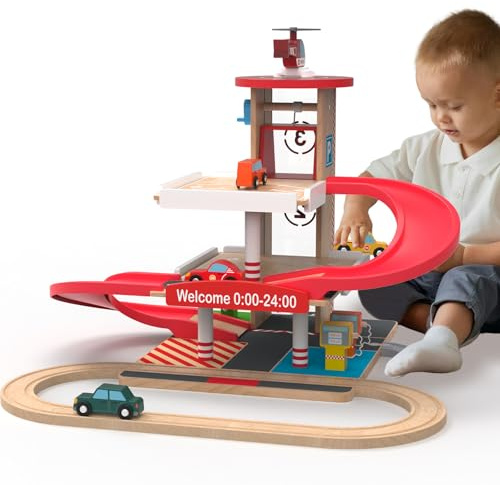 Letoiz Toy Car Garage with Rails, Wooden Parking Garage Toy Playset w/Elevator, Toddler Race Car Ramp Track Toy Set with 4 Mini Cars for Old Boys and Girls Kids Ages 3+ Birthday Gift Christmas