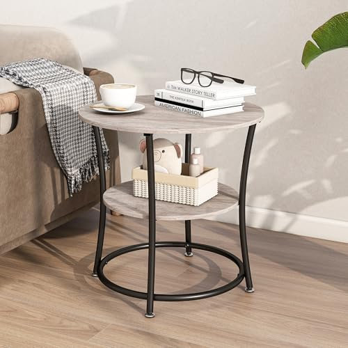BORPHOM Round Coffee Table,Sofa Side Table,End Table with Metal Frame,for Small Space,Living Room,Bedroom, 2-Tier Circle Coffee Table with Storage Shelves,Grey