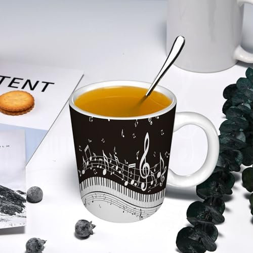 YOIUE Tasse aus Keramik - Große 11oz Tassen 330ml Kaffeetassen mit Henkel, 100% Handbemalt - Trinkgläser mit Griff - Weiß,Abstrakte Klaviertasten und das Schlagen verschiedener Musiknoten