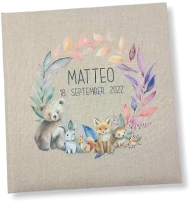 Tenii® Fotoalbum personalisiert Baby, Kind Kranz Waldtiere Leinen, Erinnerungsalbum (25x25cm - 60 Seiten) (30x31cm - 100 Seiten)