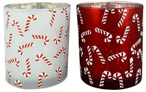 Lot de 2 photophores festifs modernes - En verre rouge et blanc avec décor de canne à sucre ludique - Décoration de table de Noël - Diamètre : 7,3 x 8 cm