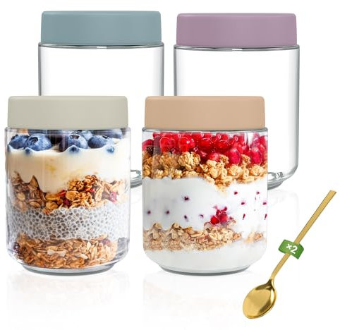 Yoassi Einmachgläser mit Schraubdeckel 500ml, 4er Set Overnight Oats Gläser für Joghurt, Salat, Müsli, Marmelade, Wiederverwendbare Vorratsgläser Glasbehälter mit Deckel Als Mason Jar