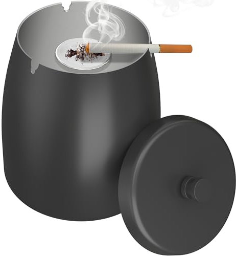 AwmnSrman Aschenbecher Mit Deckel Aschenbecher für Draussen Schwarz Edelstahl Windproof Abnehmbarer Aschenbecher für einfache Reinigung Rutschfester Esstisch Aschenbecher Φ11,8 x H12,3 cm