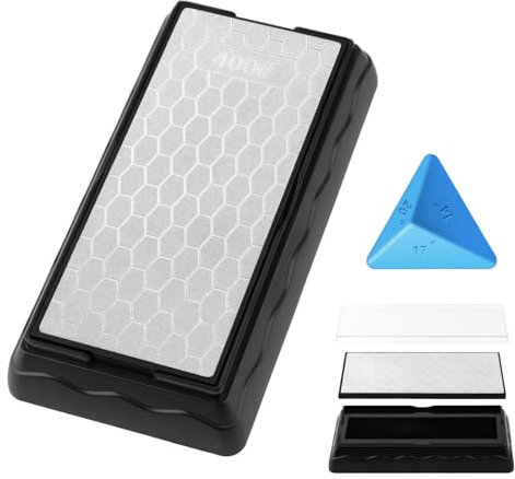 Pierre à aiguiser diamantée double face, pierre à aiguiser les couteaux avec plaque diamantée extra-fine 1000/gros grain 400, étui de rangement avec base antidérapante et guide d'angle, 17,8 x 8,9 cm