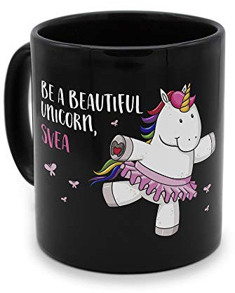 printplanet - Tasse Schwarz mit Namen Svea - Motiv: Beautiful Unicorn - Namenstasse, Kaffeebecher, Mug, Becher, Kaffeetasse