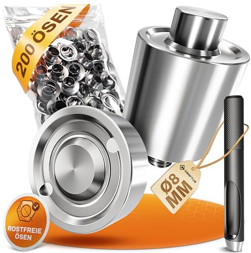 CRAFTUS® Stanzkopf Set (Ø 8mm) für die Alpha Ösenzange – Inkl. 200 rostfreie Edelstahl Ösen & Locheisen – Einfacher Wechsel Dank Schraubgewinde – Ideal für Planen, Banner, Vorhänge UVM.