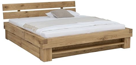 WOODLIVE DESIGN BY NATURE Massivholzbett Balkenbett Doppelbett in Wildeiche Vollmassiv (140x200) inkl. 4X Schublade und Regalblende, inkl. Lattenrost starr
