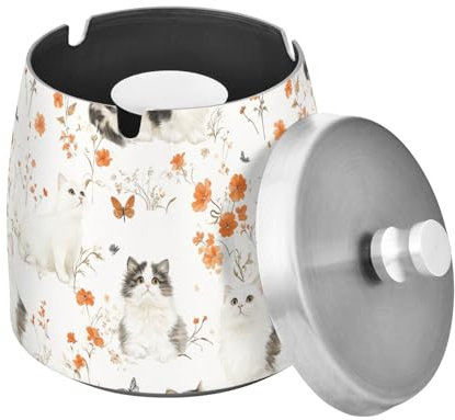 Aesthetic American Curl Cats White Stainless Steel Cigarette Ashtray with Lid for Home Patio Restaurant, Large Unbreakable Ciggerate Ashtray Outdoor for Home Office Decor