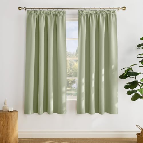 PONY DANCE Vorhang Kurz Blickdicht Übergardinen mit Kräuselband 2er Set | H 175 x B 140 cm, Laubgrün, Hitzeschutz, Verdunklungsvorhänge für Schiene, Thermal Curtains, für Wohnzimmer, UV-schutz