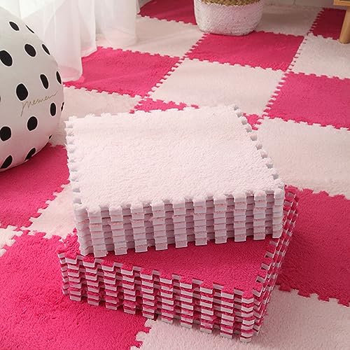 HCZKIUJY Splice-Ineinander greifender Teppich, 9-teilig, Plüsch, quadratisch, Puzzle-Schaumstoff-Bodenmatte, waschbar, weiche ineinander greifende Teppichfliesen, ineinander greif,Rose Red+White