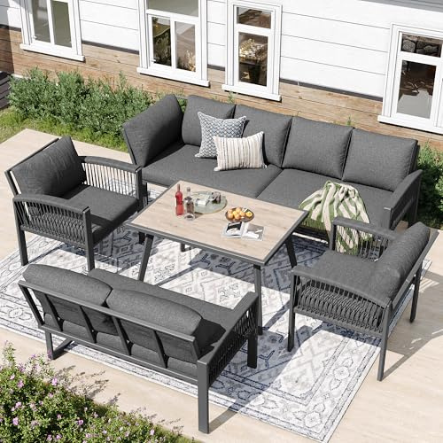 UATARU Garden Lounge with Sofa, Dining Table, 2 Stools & Cushions, Weatherproof up to 8 People, Garden Furniture Set