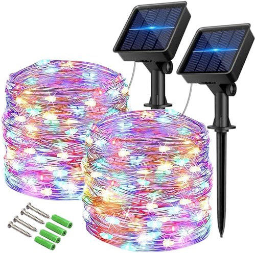 Vulisox Solar Fairy Lights, Waterproof Solar String Lights, 2 Pack Total 24M/ 80Ft 120LEDS / 8 Modes, Copper Wire Garden Lights for Indoor, Outdoor, Party, Festival Decorations (Multi-Coloured)