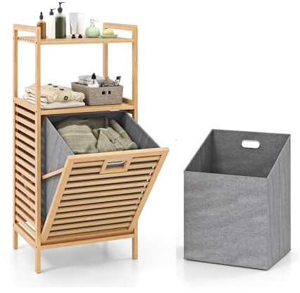 GIANTEX Badregal mit ausklappbarem Wäschesack, Badezimmerregal aus Bambus, Badschrank mit 2 Ablagen, Wäschekorb (43,5 x 33 x 96cm)