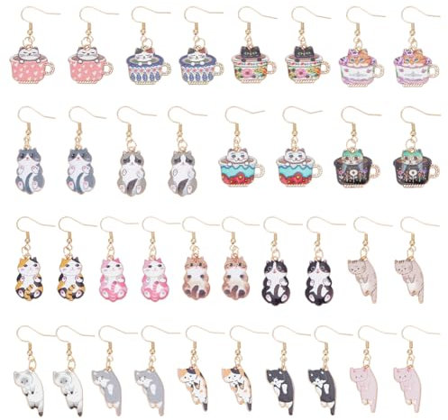 UNICRAFTALE 18 Paar Edelstahl baumelnde Ohrringe Süße Goldene Tierkatzen Ohrringe Ästhetische Cartoon Kätzchen Teetasse Baumelnde Tropfen Für Frauen Party Katzenschmuck Geschenke