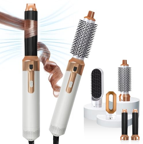 KKM STYLER New Updated 5 in 1 Hair Styler, Hot Air Brush, Hair Dryer Brush, Hair Curler, Air Styler, Hair Dryer Set - Perfect for Volumizing, Straightening, and Curling at Home (Gold&White)