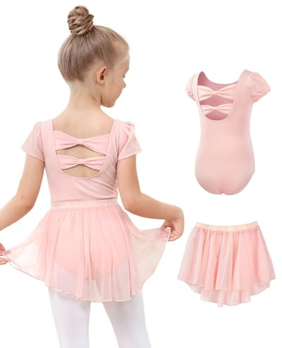 JiAmy Ropa de ballet para niñas, vestido de ballet, camiseta de ballet de manga corta de algodón, traje de gimnasia, body de danza + falda de gasa con volantes, falda de tutú, vestido de baile de 2