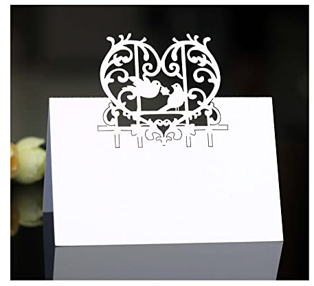 Codulu Tischkarten, ausgehöhlte Vögel, herzförmige Namenskarten, gefaltete Sitzkarte, Zeltkarte für Hochzeit, Geburtstag, Party, Festival, Weiß, 50 Stück