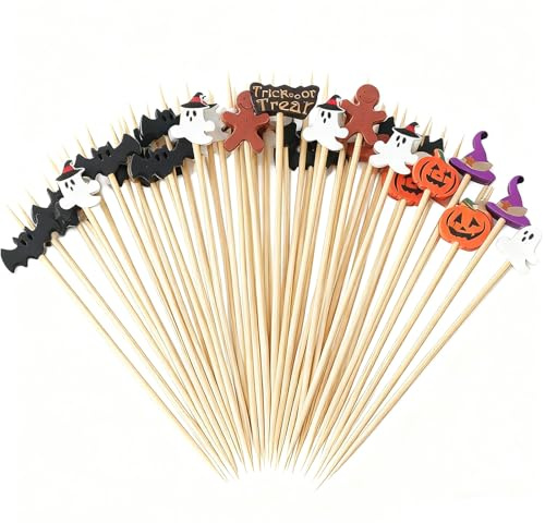 100 Pcs Halloween Cocktail Sticks,Pumpkin Ghost Bat and Spider Halloween Cake Decorations,Wooden Halloweens Food Toppers,for Cupcakes,Snacks,Fruit Cake Decor Halloweens Spoof Party Decoration Supplies