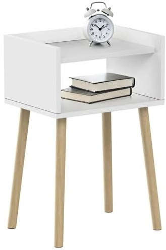 Thrink Modern White Bedside Table – Tall Wooden Nightstand with Open Storage Shelf, Compact End Side Table for Bedroom, Kids Room, Guest Room or Small Spaces – Stylish and Practical Night Sta (White)