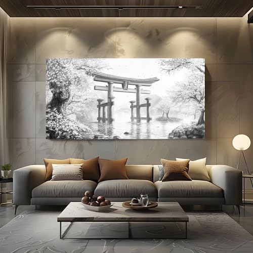 ZORYAN Bilder für Wohnzimmer Japanische Torii Großes Leinwandbild für | Schlafzimmer, Wandbilder XXL Landschaft Kirschblüten Kunstdruck als Wanddeko Asiatischer Stil Baum 60x120cm Bild auf Leinwand