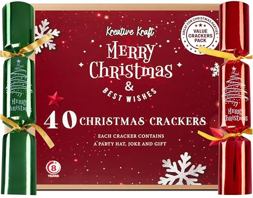 KreativeKraft Weihnachts Knallbonbons 40er-Pack, Christmas Crackers mit Hütchen Witzen Mini Geschenken, Party Zubehör und Restaurant-Catering Weihnachtsdeko (Rot Grün)