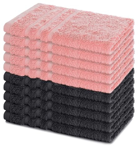 Lavea® 10er Set Gästehandtücher 30x50 cm – Anthrazit & Pastellrosa | Weiche & Saugstarke Gästetücher aus 100% Baumwolle, Frottierserie Elena, Waschbar 60°C, Trocknergeeignet