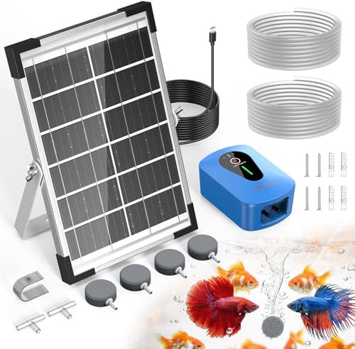 AMZtime 8 W Doppelpumpen Teichbelüfter Sauerstoffpumpe für Teich mit Akku | Solar Sauerstoffpumpe mit 3 Modi und 4 Luftsteine, Sauerstoff Luftpumpe für Gartenteich, Angeln, Hydroponic