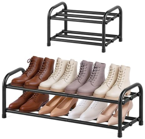 MIKVOYO Platzsparend Schuhregal Metall Schwarz, 2 Ebenen | Ausziehbar 45-80cm Breit Schuhorganizer, 5 Minuten Schnelle Montage, Ideal Für Camping, Flur, Outdoor Draußen
