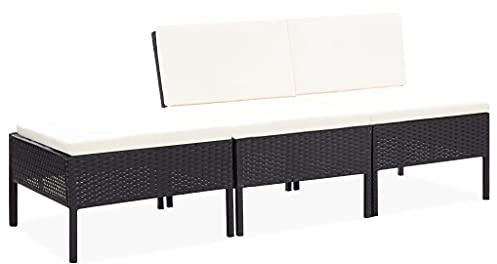 Hoopleep 3-TLG. Garten-Lounge-Set, Poly Rattan Schwarz mit cremeweißen Auflagen, modular für Outdoor Terrasse Möbel, wetterbeständig und pflegeleicht