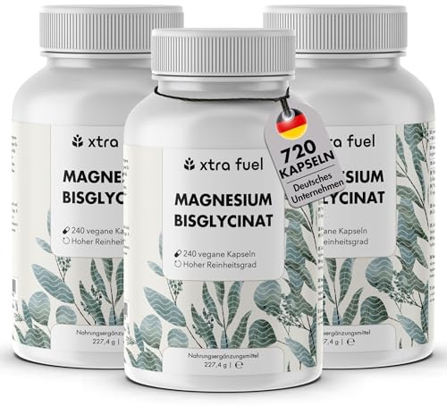 Magnesium Bisglycinat hochdosiert – 720 Kapseln – 315 mg elementares Magnesium pro Tagesportion – Mag. Glycinat Chelat für Muskeln, Nerven & Energie