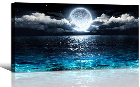 Wall Art Moon Sea Ocean Landscape Picture Canvas Wall Art Print Paintings Modern Artwork for Living Room Wall Decor and Home Décor Framed Ready to Hang,1inch Thick Frame, Waterproof Artwork.