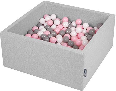 KiddyMoon KW40D-135 Piscina de Bolas 90 x 40 cm/200 Bolas de 7 cm de diámetro Piscina de Bolas con Bolas de Colores para bebés niños Cuadrados, Gris Claro: Blanco/Gris/Rosa