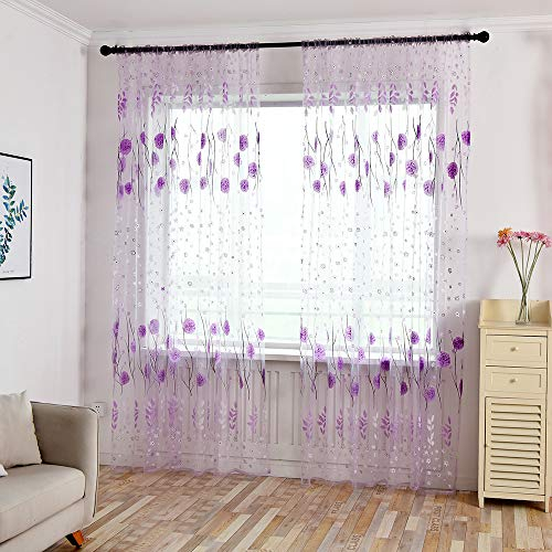 Xmiral Türvorhang Gardine Tüll Gedruckte Translucidus Scheibengardine mit Stangenloch 100x200cm(e Violett)