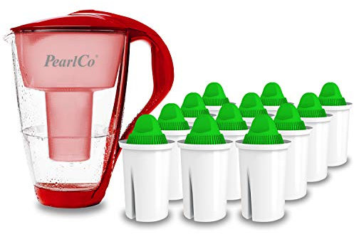 PearlCo - Carafe avec filtre à eau en verre - rouge - 12 cartouches Alkaline classic incluse (compatible avec Brita Classic)