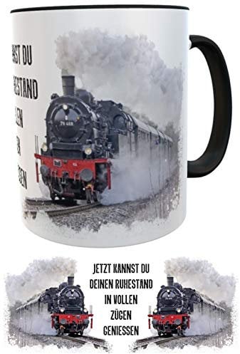 Abschiedsgeschenk Rentner Kollege Kaffeebecher Eisenbahn Dampflok Tee schwarz (schwarz/rot)