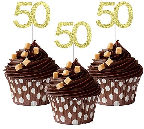 Sumerk 24PCS 50 Cupcake toppers Gold Glitter 50th Birthday Cupcake Picks Anniversary Party Decorations