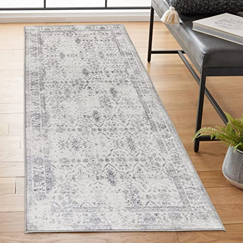 ReaLife Teppich - Maschinenwaschbar - aus Premium-Recyclingfasern hergestellt - Vintage Distressed Trellis Ivory-Grey, 75 x 180 cm