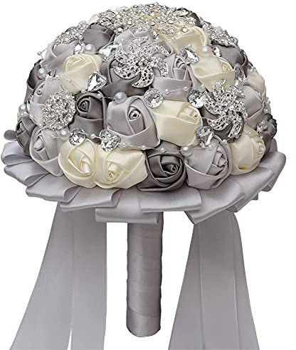 ACYOUNG Handgemachte Brosche Brautstrauß Braut Satin Rosen Blumen 10 Strass Perlen Blumensträusse Hochzeit Strauß Künstliche Blumenstrauß künstlicher Rosenstrauß Dekoration (Grau)