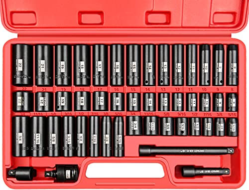 YIYITOOLS 48-Piece 3/8 Drive Impact Socket Set, 48 Piece Standard SAE and Metric Sizes (5/16-Inch to 3/4-Inch and 8-22 mm), 6 Point, Cr-V Steel Socket Set