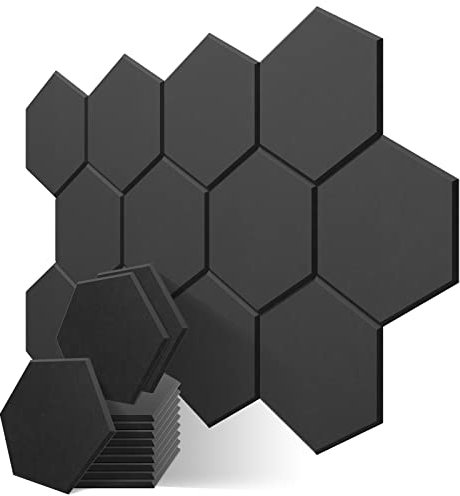 JBER Sechseckige Akustikpaneele, Schalldichtes Interieur, Schallabsorbierende Paneele, 35,6 x 30 x 1cm Abgeschrägter Kante Hochdichte Wandfliesen, für Akustische Behandlung(12 Stück Schwarz)