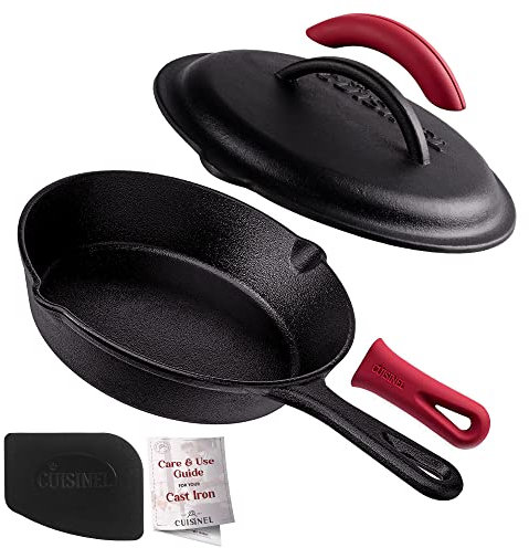 cuisinel Cast Iron Skilletw/Lid - 8''-inch Pre-Seasoned Covered Frying Pan Set + Silicone Handle&Lid Holders + Scraper/Cleaner - In/Outdoor, Oven, Stovetop, Camping Fire, Grill Safe Kitchen Cookware